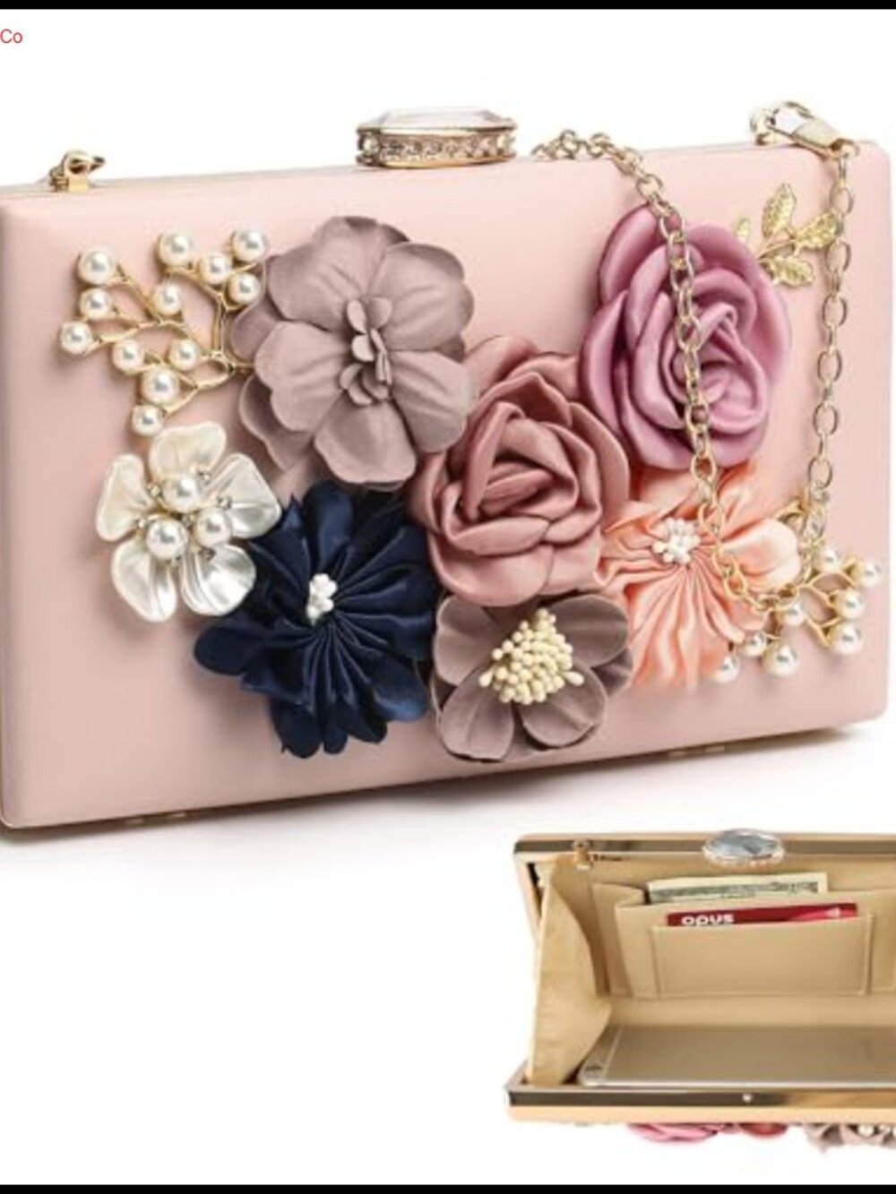 Faux Leather Floral Evening Clutch with Detachable Chain